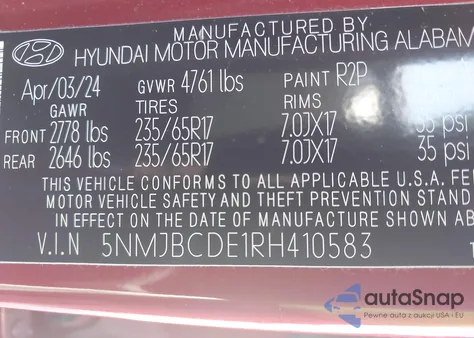 2024 Hyundai Tucson Sel из США, поврежденный, VIN 5NMJBCDE1RH410583